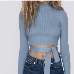Zara Blue Open Back Knit Cropped Waist Wrap Sweater Large